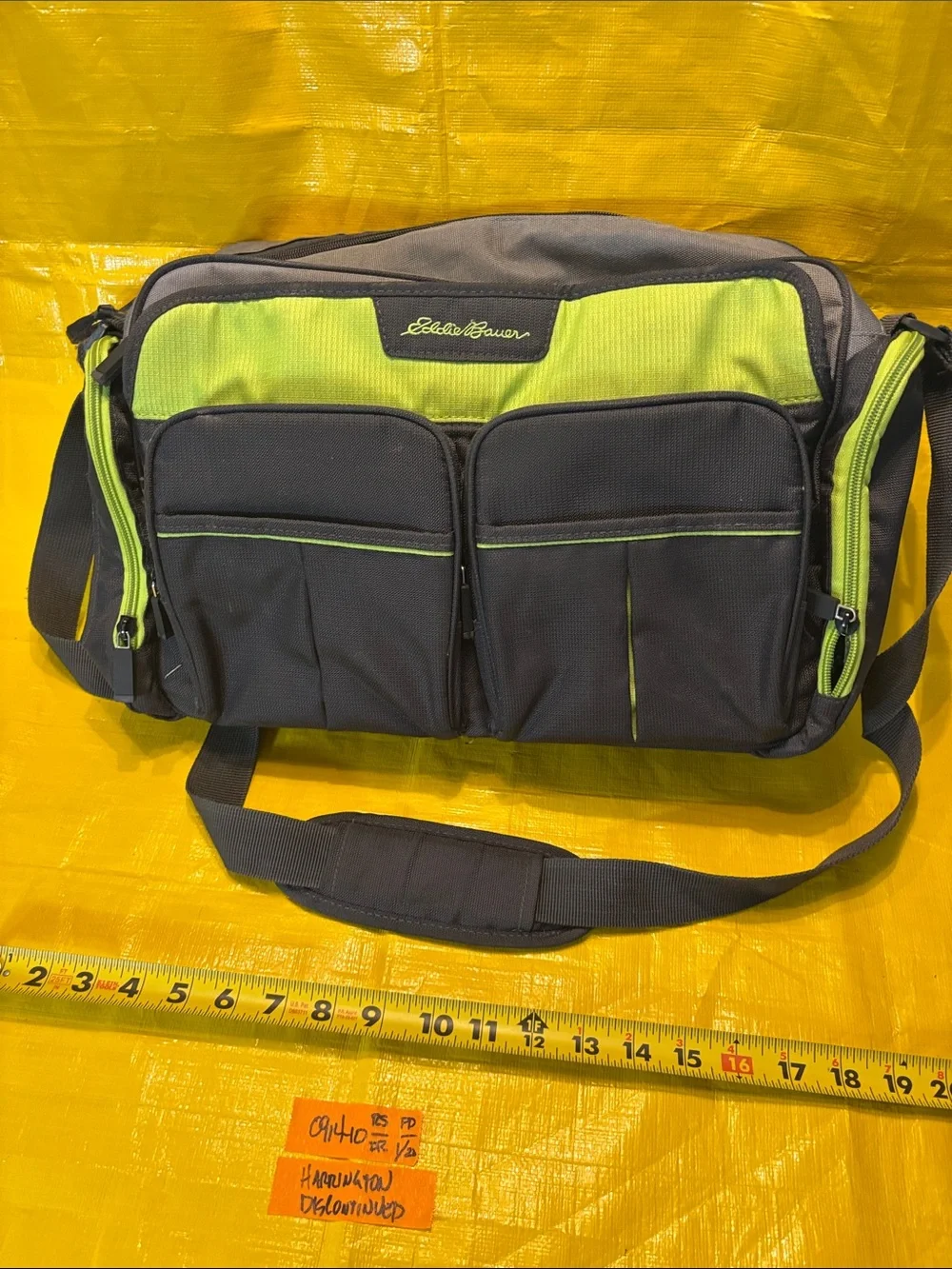 Discontinued Eddie Bauer Gray and Lime Green Messenger Crossbody Bag
